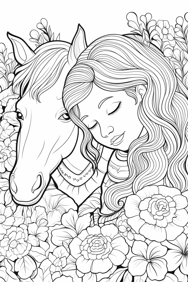 Coloring book page, girl cuddling with a horse — free printable friendship coloring book page