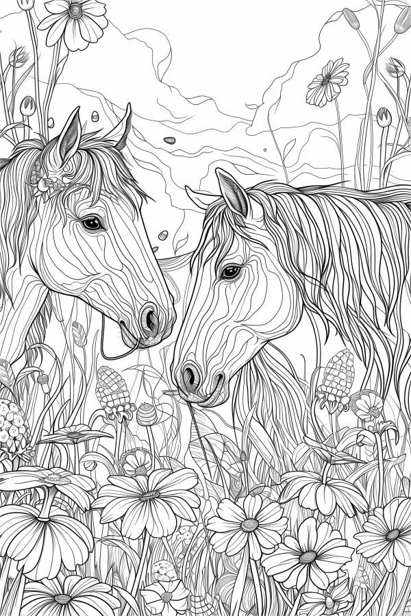 Two horses in a wild flower meadow, zentangle art style — free printable pastoral coloring book page