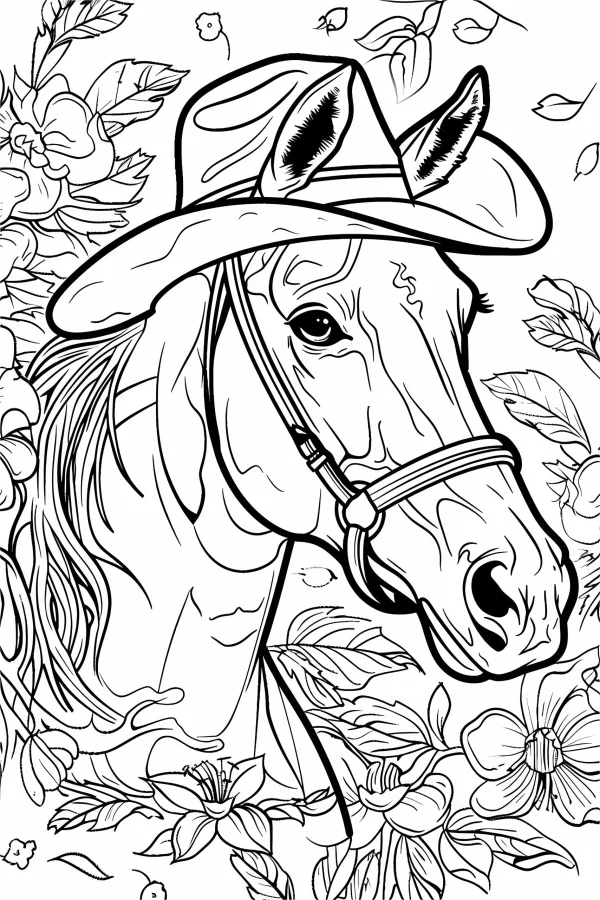 Horse wearing cowboy hat, realistic line art style — free printable west coloring book page