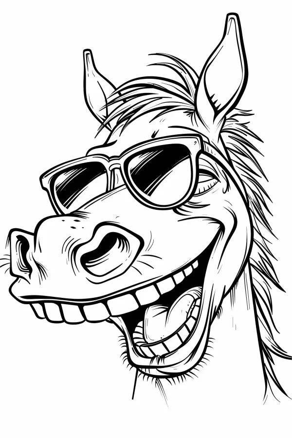 Funny horse head wearing sunglasses, cartoon style — free printable quirky coloring book page