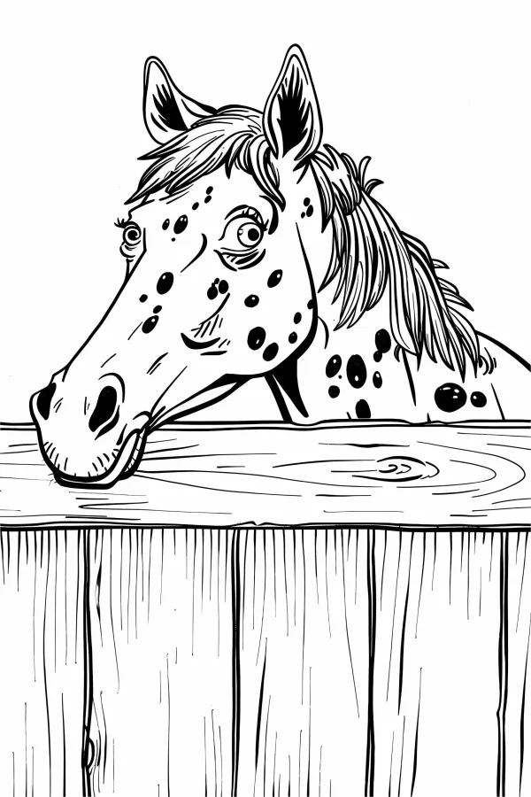 Spotted horse leaning on wooden fence, cartoon style — free printable farm coloring book page