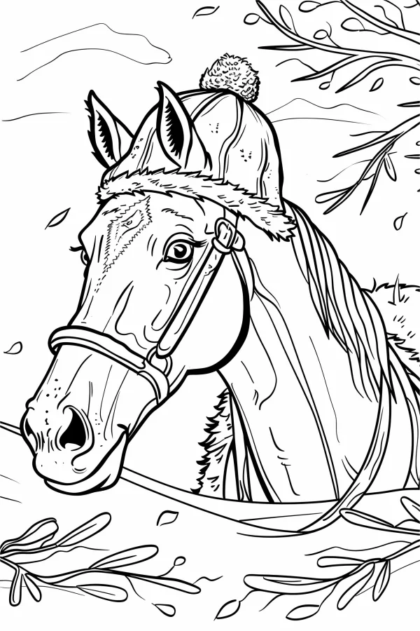 Horse wearing a warm fur-trimmed hat, cartoon style — free printable autumn coloring book page