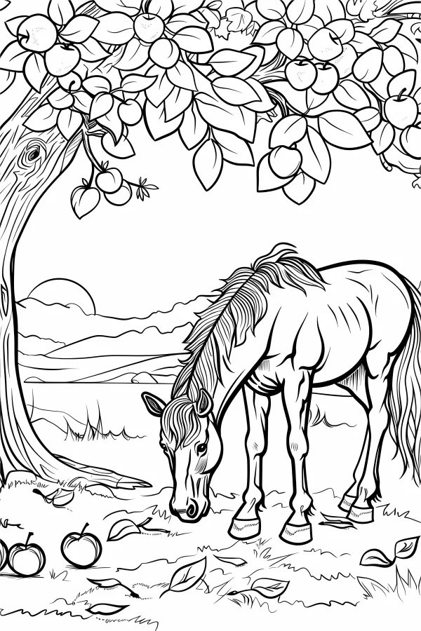 Horse grazing under apple tree, realistic line art style — free printable pastoral coloring book page