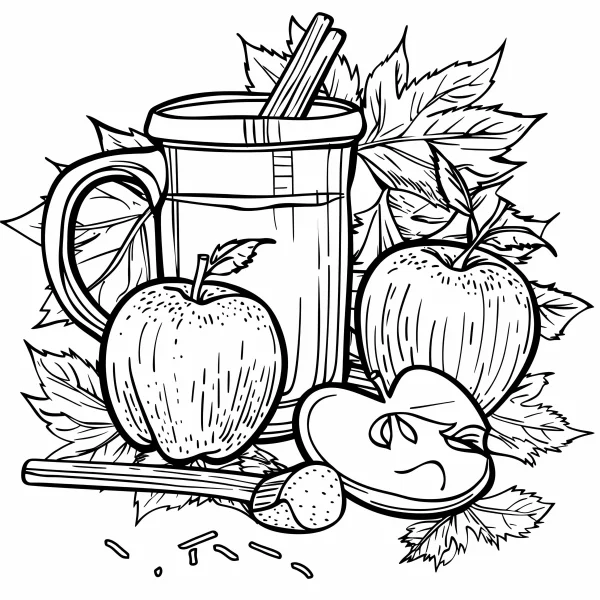 Mug with cinnamon stick paired with whole and sliced apples, surrounded by autumn leaves — free printable autumn coloring book page