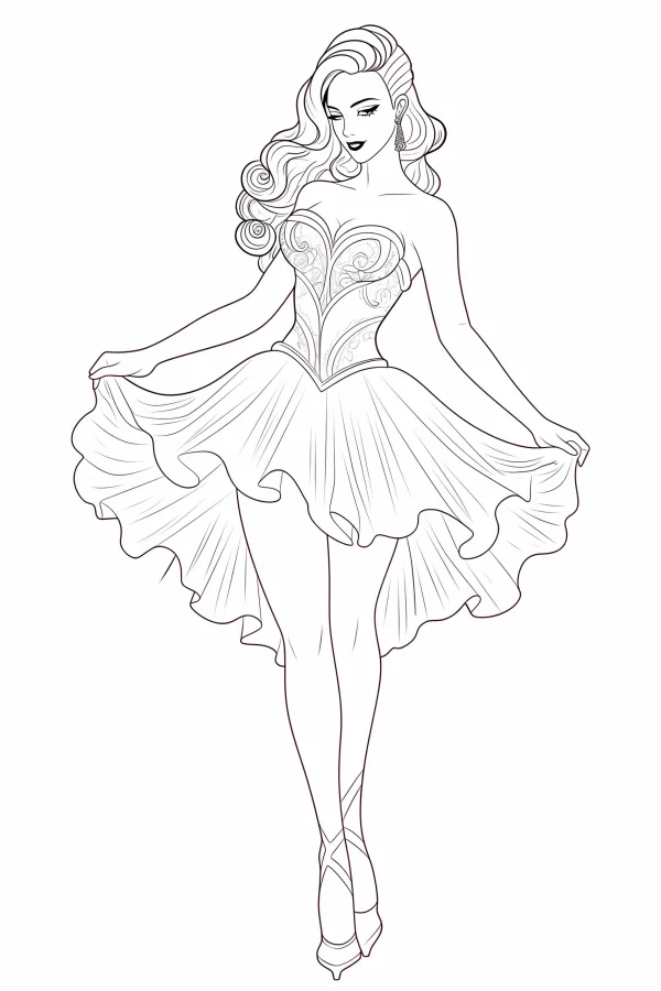 Elegant ballerina, cartoon style — free printable dance coloring book page