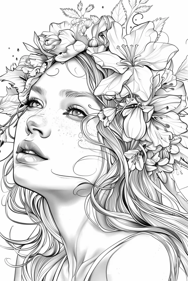 Long-haired girl with floral wreath, realistic illustration style — free printable character theme coloring book page