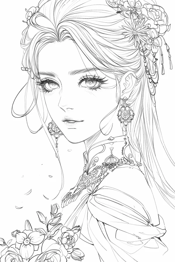 Elegant ancient chinese style girl with floral headdress and carved earrings, black and white fine smooth line art — free printable chinese style coloring book page
