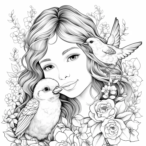 Girl with two birds surrounded by roses and various flowers, realistic style — free printable animal theme coloring book page