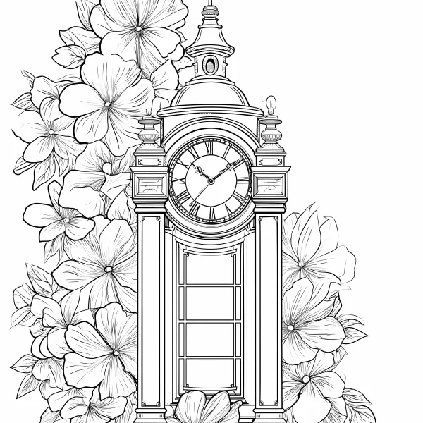 Vintage clock tower surrounded by blooming flowers, realistic line art — free printable architecture coloring book page