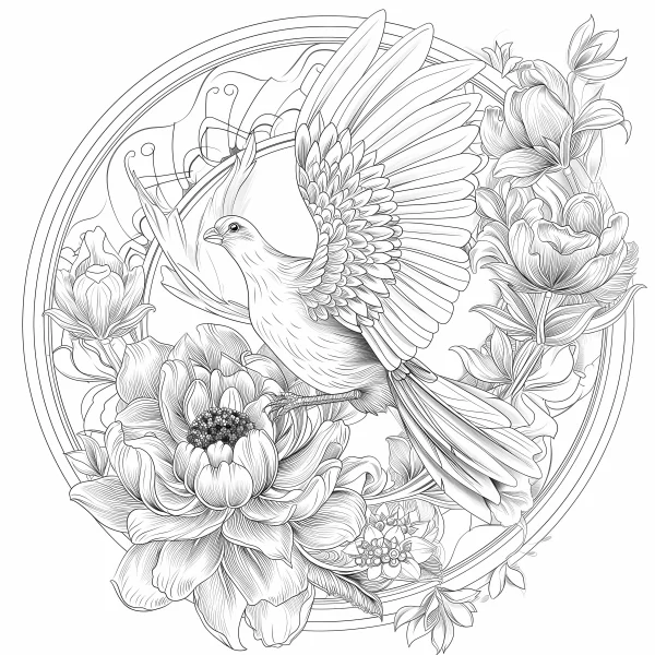 Flying bird surrounded by peony flowers, decorative art style — free printable animal theme coloring book page