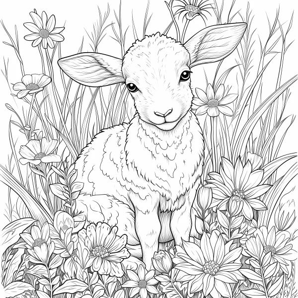 Cute little lamb sitting among daisies and tall grass, cartoon style — free printable spring coloring book page