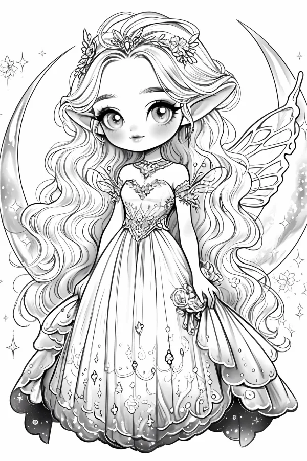 Chibi elf girl sitting on crescent moon, cartoon fairy tale style — free printable elves coloring book page