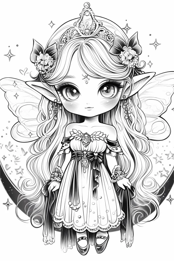 Chibi long-haired elf girl, cartoon fairy tale style — free printable elves coloring book page