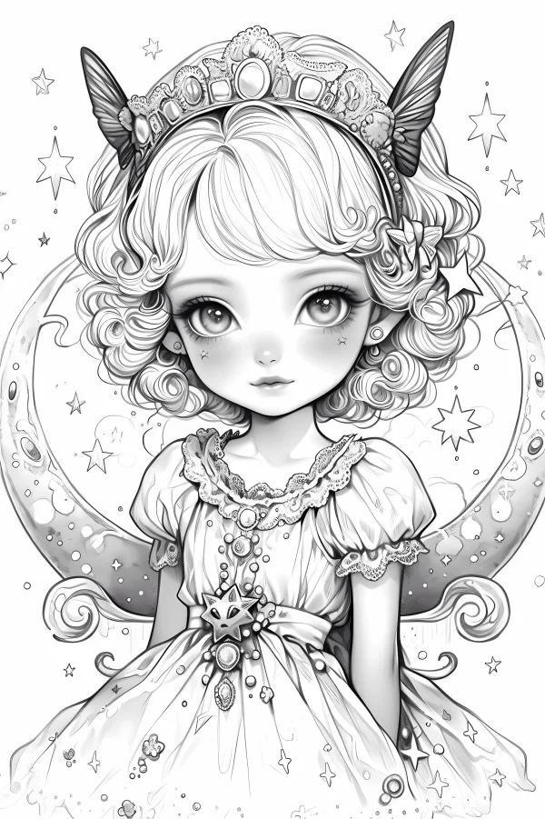 Curly-haired fairy girl sitting on crescent moon, cartoon fantasy style — free printable girl coloring book page
