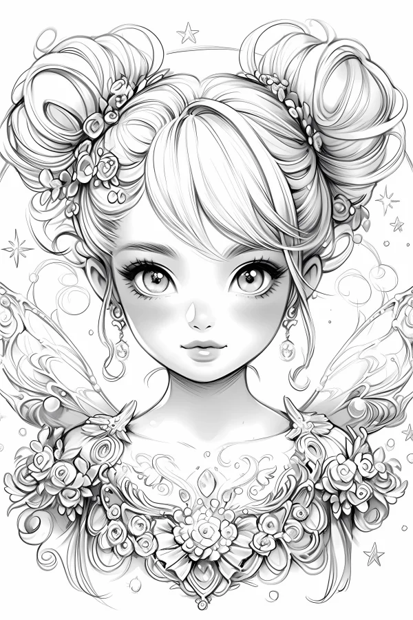 Coloring book page, cute fairy with double bun hairstyle — free printable girl coloring book page