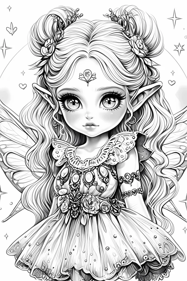 Cute chibi elf girl with curly double bun hair and flower hair accessories, cartoon kawaii style — free printable elves coloring book page