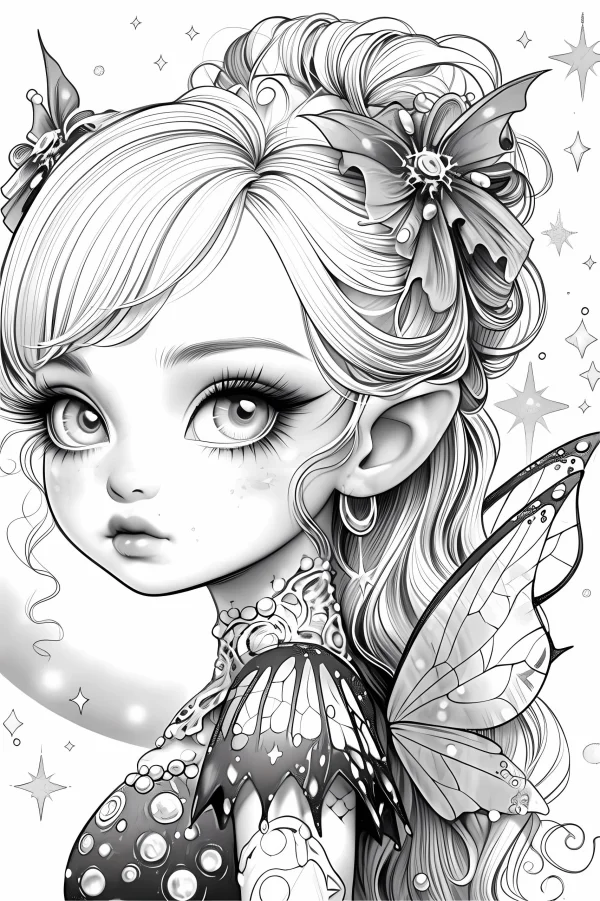 Delicate fairy girl with butterfly wings, cartoon fairy tale style — free printable elves coloring book page