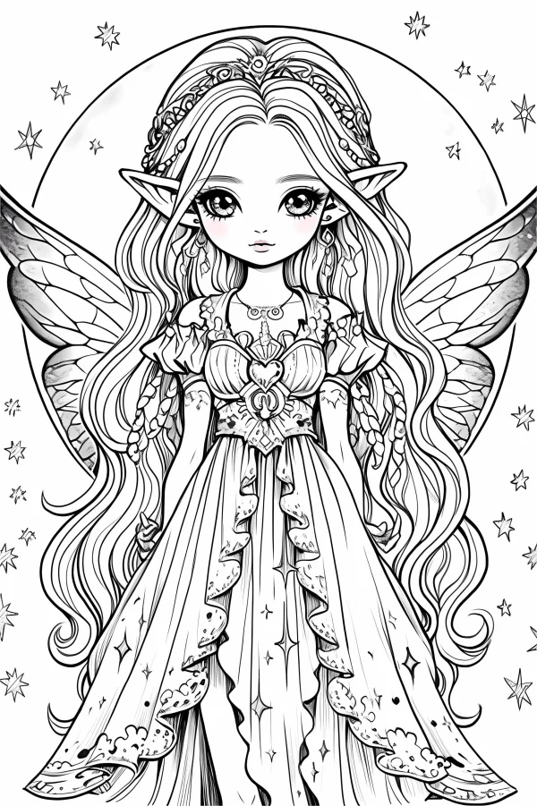 Cute long-haired elf fairy with butterfly wings, cartoon illustration style — free printable magic coloring book page