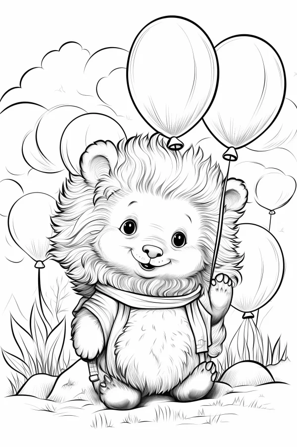 Cute cartoon hedgehog holding balloons, cartoon style — free printable birthday coloring book page
