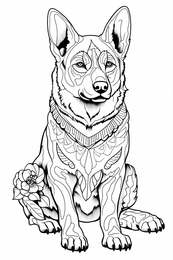 Sitting dog with intricate decorative patterns and a flower on its leg, art deco style — free printable decorative art coloring book page