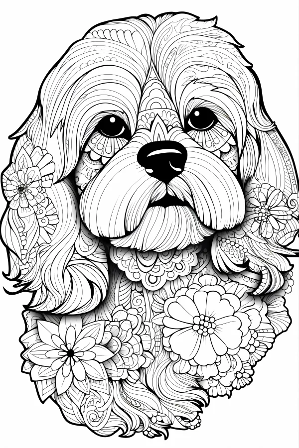 Decorative long-haired dog, zentangle and decorative art style — free printable decorative art coloring book page