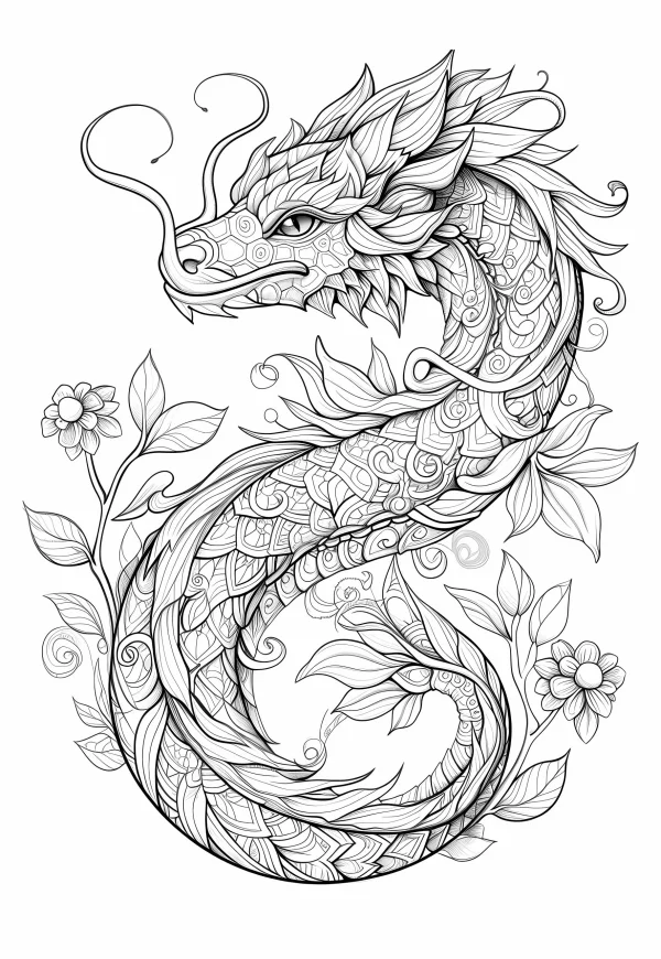 Chinese dragon with mandala zentangle patterns, surrounded by flowers and leaves — free printable chinese style coloring book page