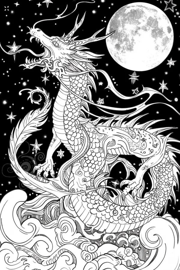 Chinese style auspicious dragon, fantasy art style — free printable chinese style coloring book page