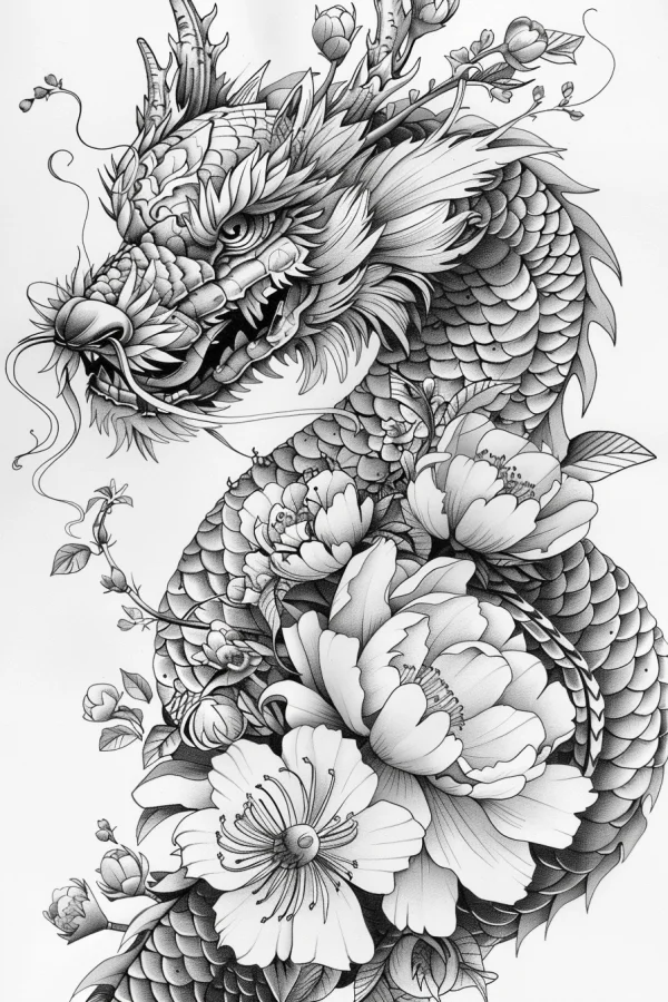 Chinese dragon wrapped in peonies and floral branches, chinese traditional style — free printable chinese style coloring book page