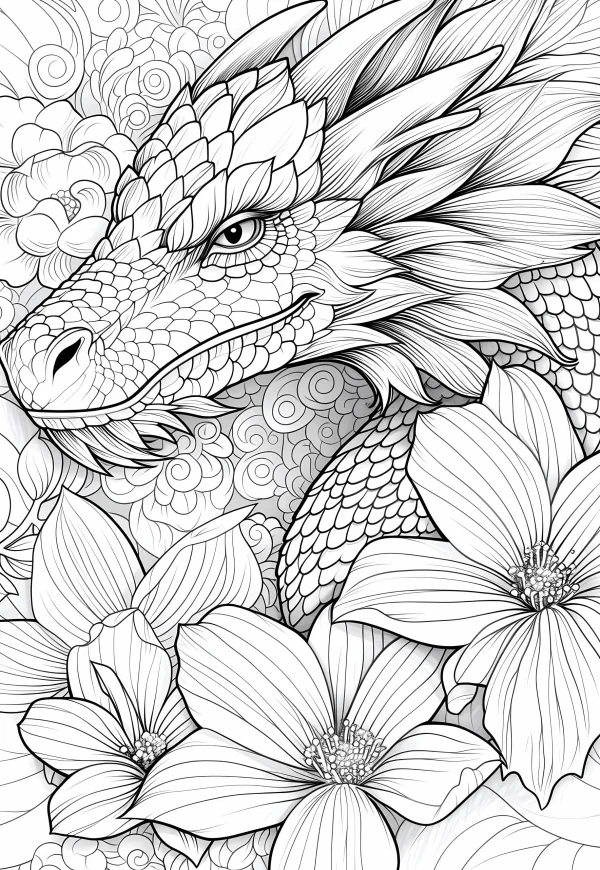 Dragon surrounded by blooming flowers, fantasy illustration style — free printable dragon coloring book page