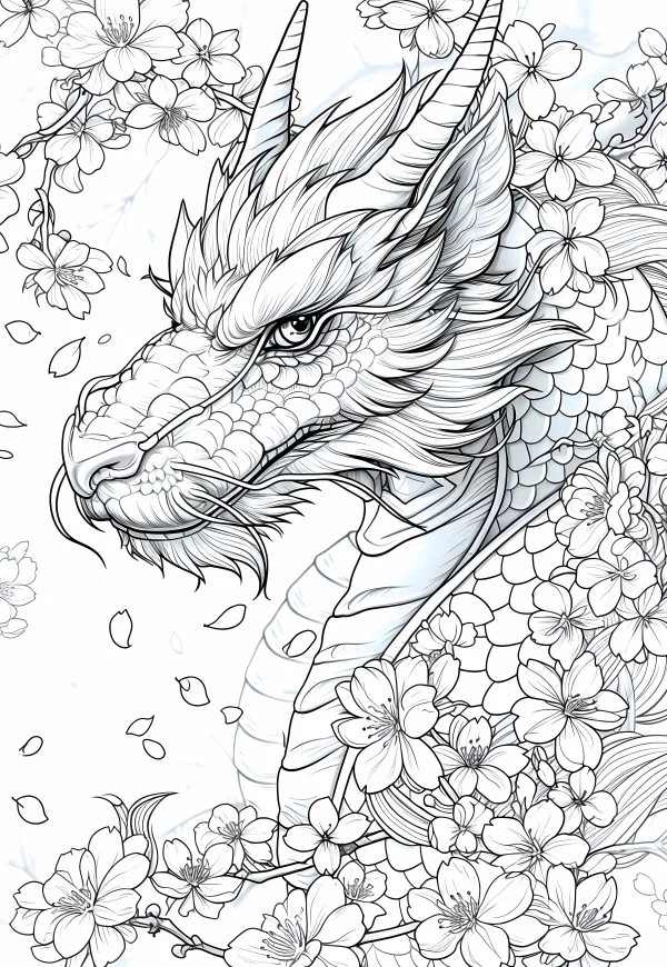 Chinese dragon surrounded by cherry blossoms and falling petals, chinese style — free printable chinese style coloring book page
