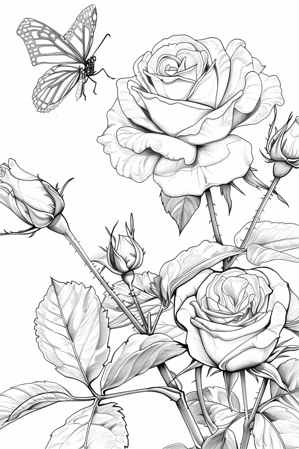 Roses and monarch butterfly, realistic line art style — free printable animal theme coloring book page
