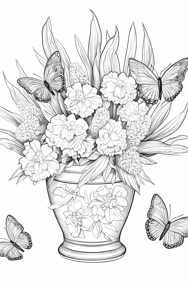 Flower vase with various blooms and butterflies, realistic line art style — free printable insects coloring book page