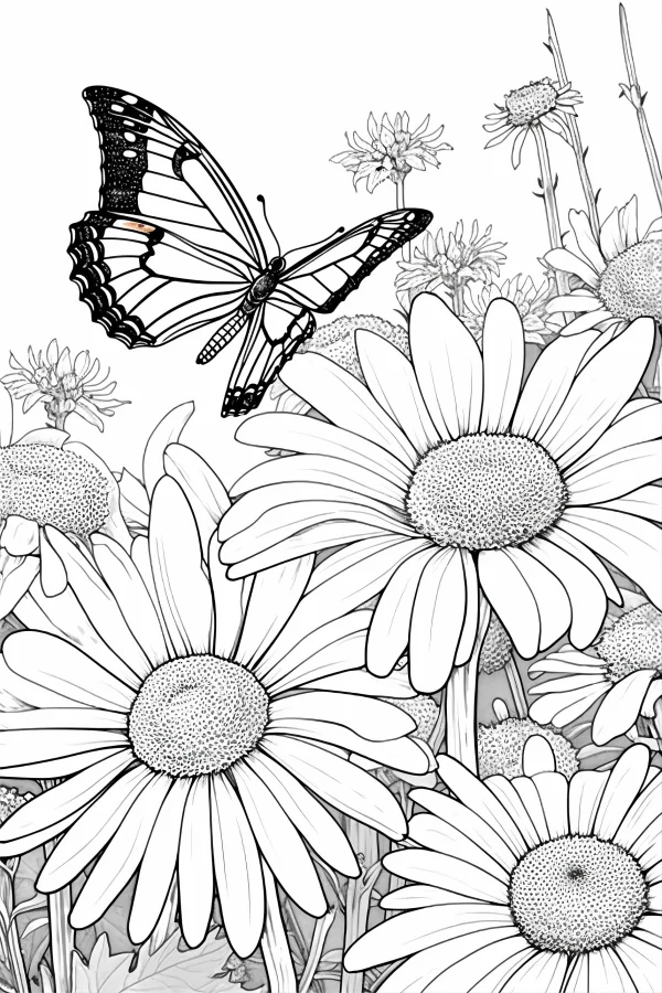 Daisies with a swallowtail butterfly, realistic line art — free printable insects coloring book page