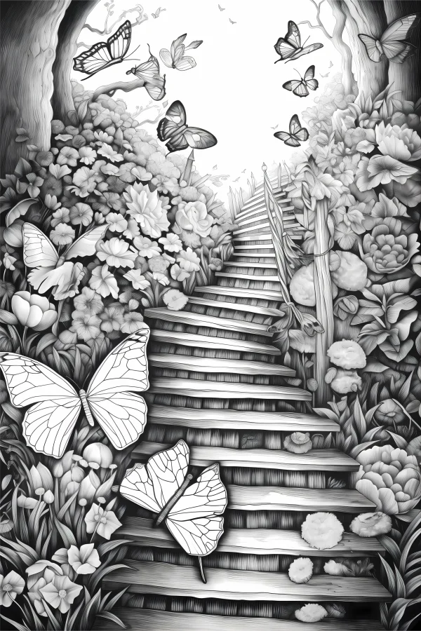 Wooden staircase surrounded by various flowers and butterflies in a forest, realistic line art style — free printable butterfly coloring book page