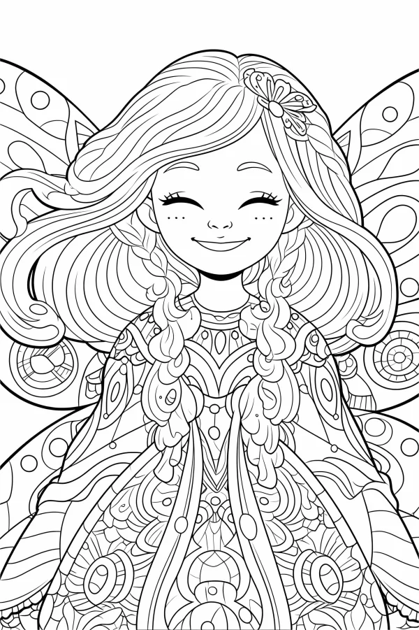 Smiling fairy girl with curly braided hair, butterfly hair accessory — free printable elves coloring book page