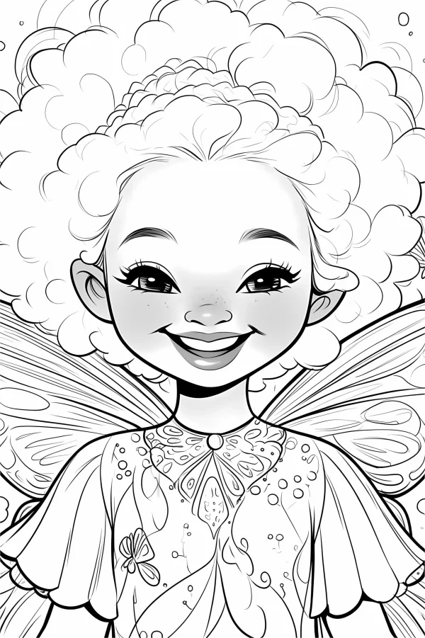 Curly-haired fairy girl, cartoon style — free printable children coloring book page
