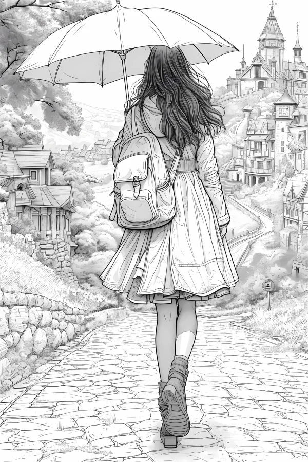 Back view of long-haired girl with backpack holding an umbrella, walking on cobblestone path towards fairy tale town with european-style buildings — free printable town landscape coloring book page