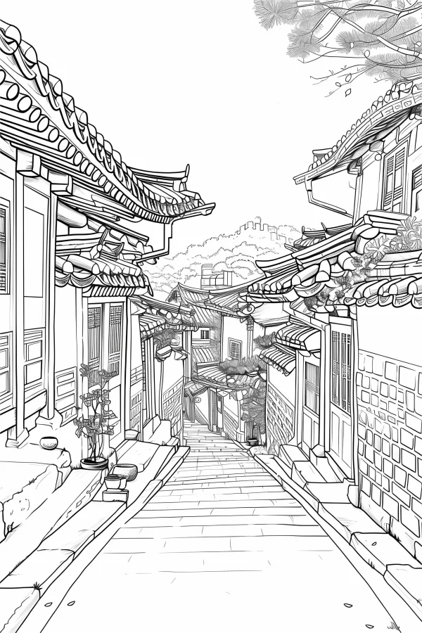 Coloring book page, traditional korean hanok alley — free printable traditional architecture coloring book page