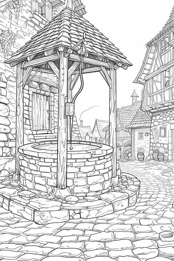 Medieval village well, vintage european style — free printable european and american coloring book page