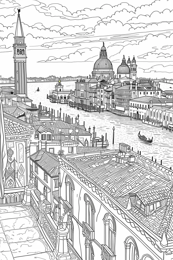 Overlooking view of venice water city, realistic illustration style — free printable european and american coloring book page