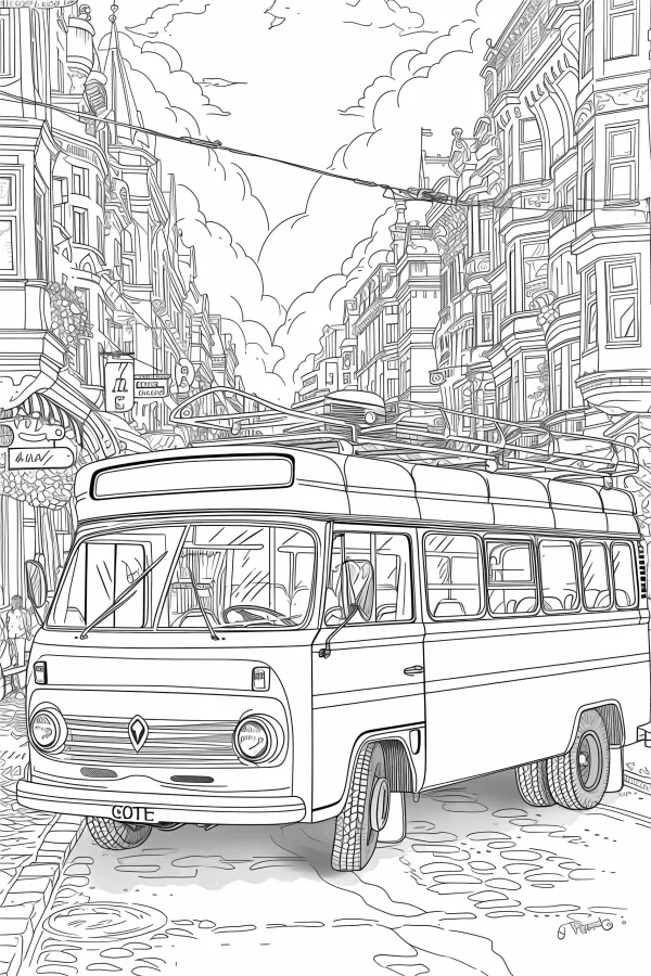 Retro vintage bus on old european city street, detailed vintage architecture buildings with store signs — free printable city life coloring book page