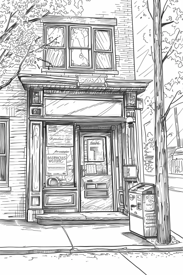 Coloring book page, vintage street-side store — free printable daily life coloring book page