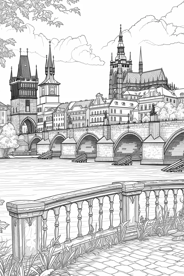 Riverside ancient european city buildings with gothic church and stone bridge, realistic illustration style — free printable urban architecture coloring book page