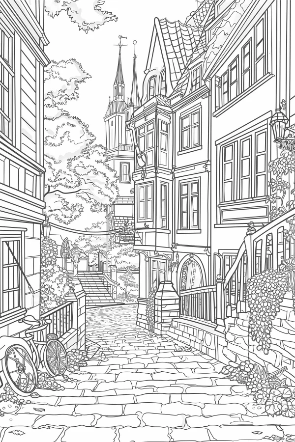 European town street scene, realistic illustration style — free printable european and american coloring book page