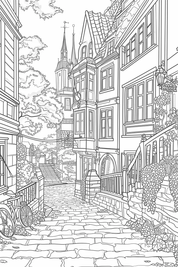 European town street with cobblestone road, retro european style — free printable european and american coloring book page