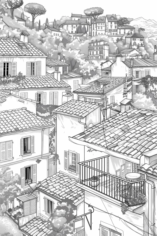 Hillside town building complex, realistic line art style — free printable town life coloring book page