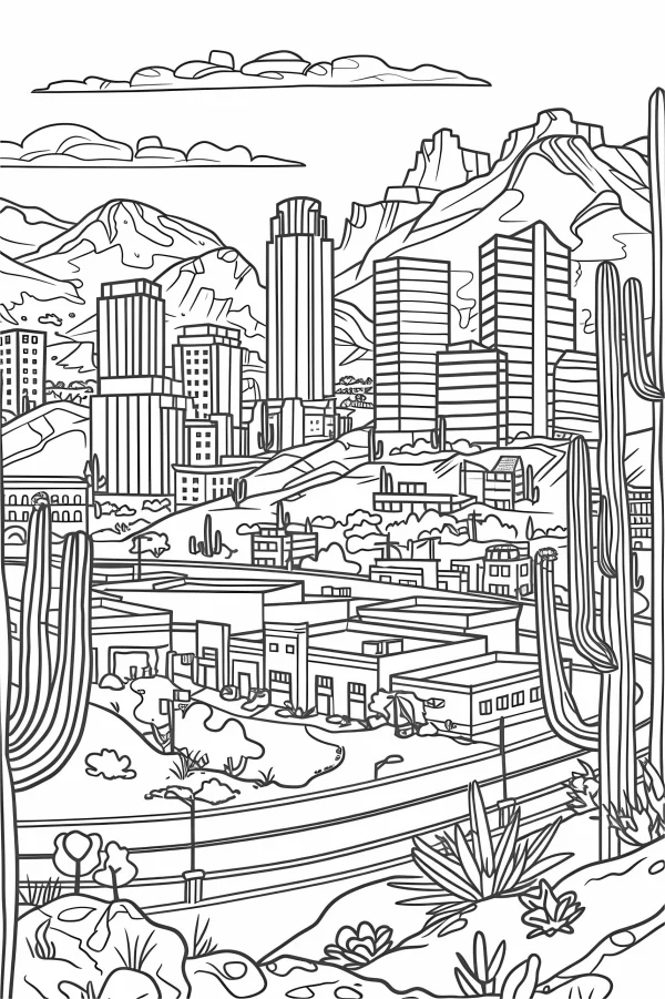 Desert mountain cityscape, realistic line art style — free printable city coloring book page