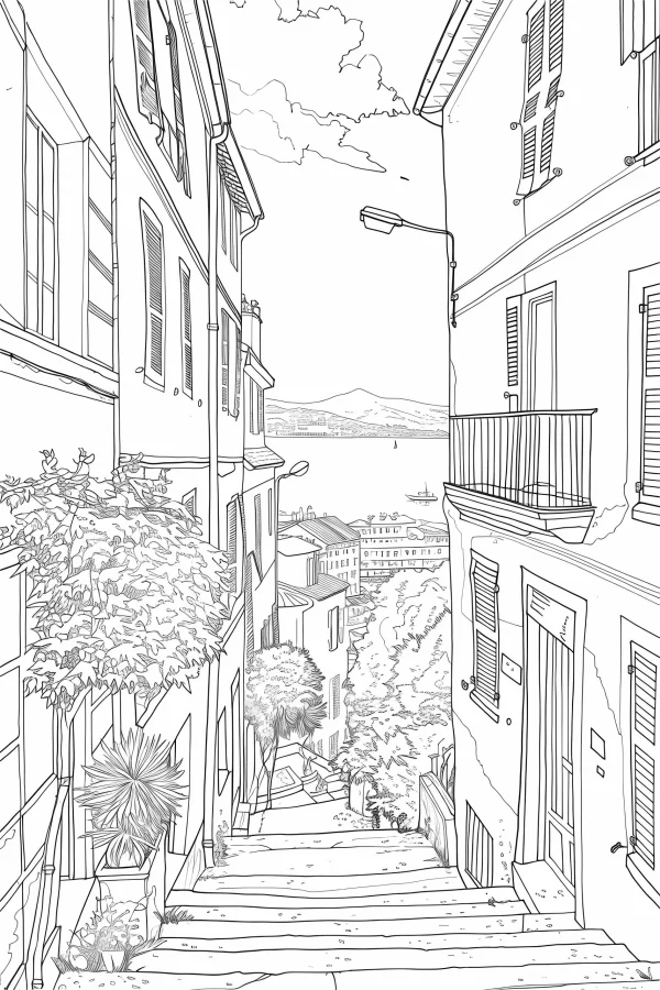 European stone step alley, realistic sketch style — free printable european and american coloring book page