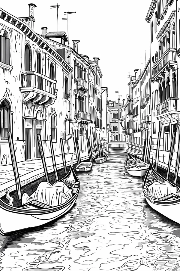Venice canal with gondolas, european cityscape style — free printable european and american coloring book page