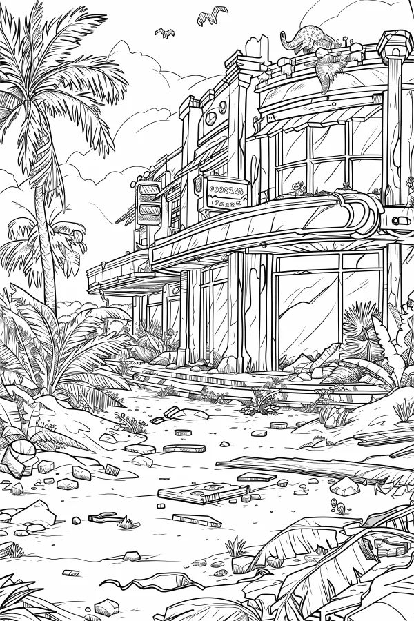 Abandoned building overgrown with tropical palm trees and vines, realistic illustration style — free printable abandoned buildings coloring book page